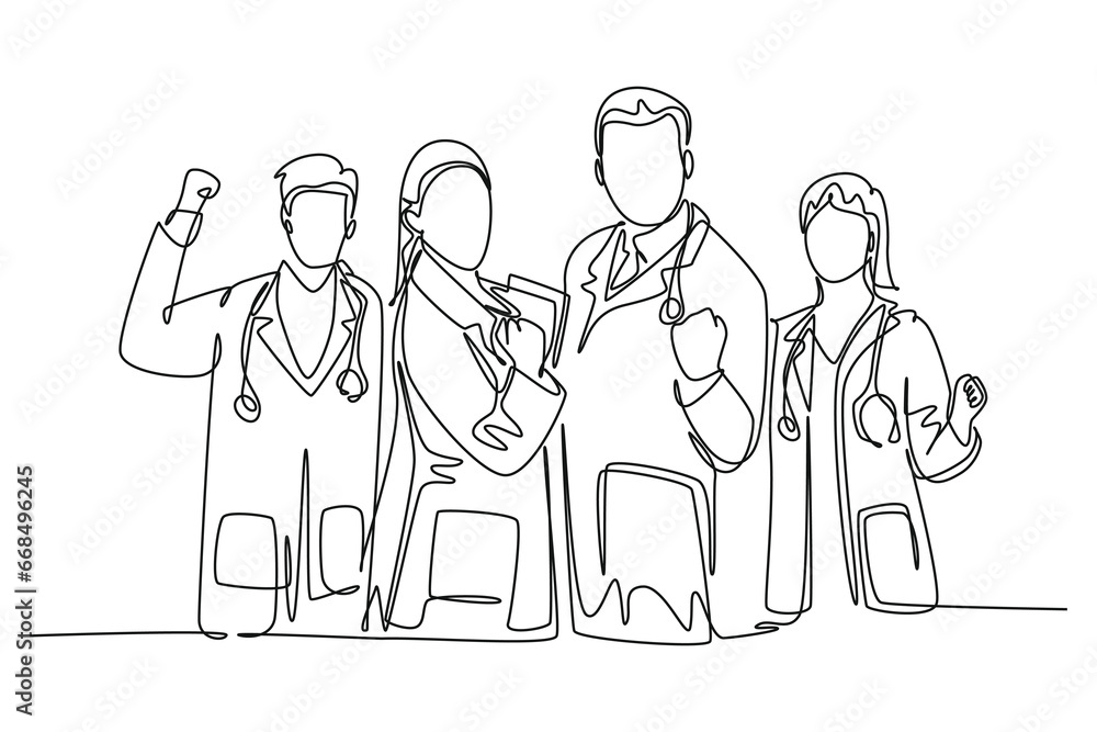 Wall mural single continuous line drawing group of male doctor and female doctor celebrate their success cure p