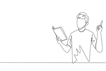 Continuous one line drawing man standing reading book. Gesture gets the idea. Books can see from different points of view. Brilliant idea from reading book. Single line draw design vector illustration