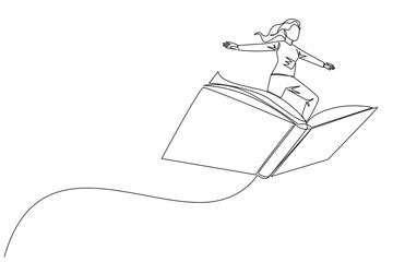Single continuous line drawing woman standing on large flying open book. Like riding a cloud, able to fly as high as possible. Reading increases insight. Love read. One line design vector illustration