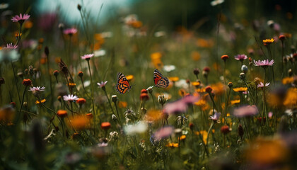 A vibrant meadow of wildflowers, buzzing with colorful butterflies generated by AI