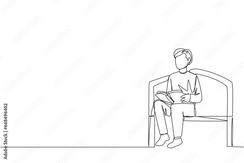 Poster single continuous line drawing man sitting and reading on chair in university park. prepare for the 