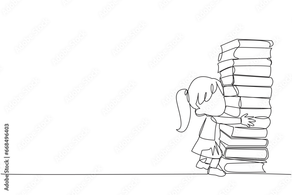 Poster continuous one line drawing girl hugging very high pile of books. hobby to collecting and reading bo