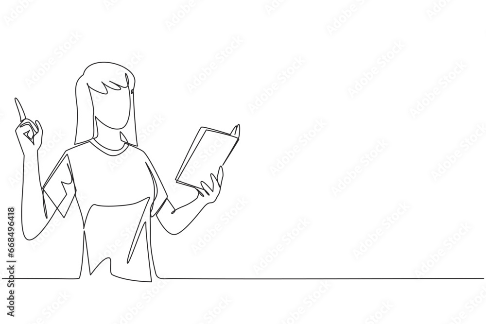 Poster single continuous line drawing woman standing reading a book. gesture gets the idea. books can see f