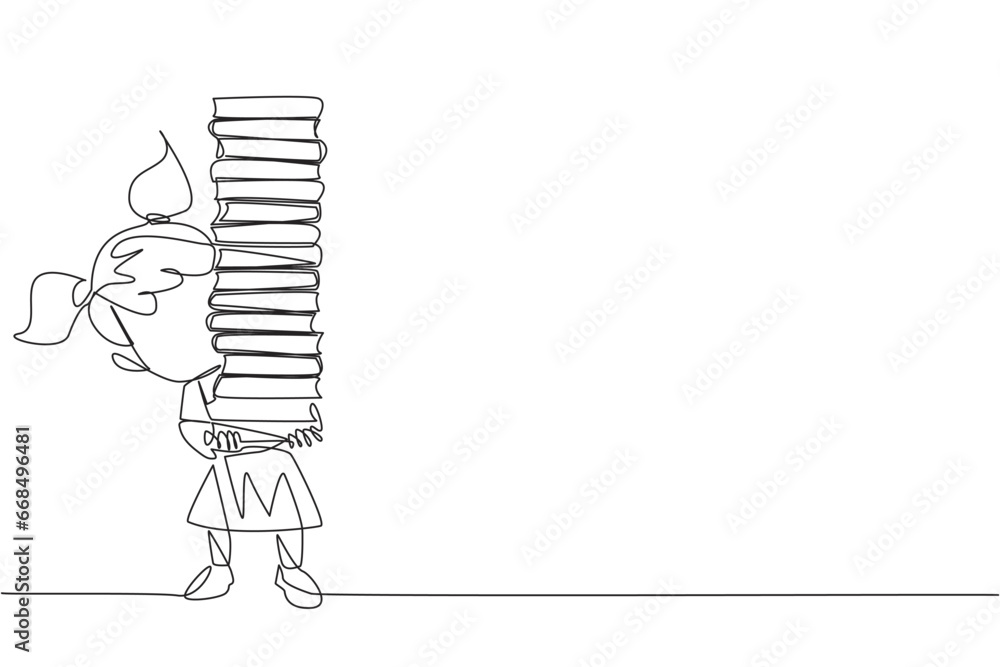 Poster Continuous one line drawing girl carrying tall stack of books covering herself. Newly purchased book from a bookstore. Read books one by one at home. Love read. Single line design vector illustration - Posters
