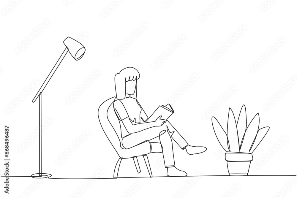 Poster continuous one line drawing smart woman sitting reading in a room with reading lamp. spending holida