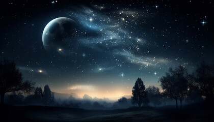 Night sky glows with the beauty of the Milky Way galaxy generated by AI - obrazy, fototapety, plakaty