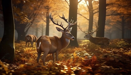 A majestic stag stands in the autumn forest, radiating beauty generated by AI