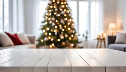 White empty table with blurred christmas tree and copy space