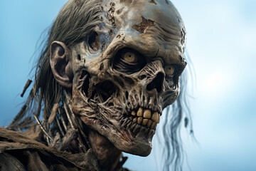 extremely decaying male weird zombie, walking dead style
