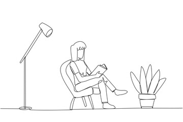 Continuous one line drawing smart woman sitting reading in a room with reading lamp. Spending holidays increasing knowledge by reading books. Love reading. Single line draw design vector illustration