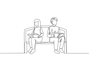 Fototapeta na wymiar Single continuous line drawing man woman sitting and reading on chair in university park. Prepare for the final exams with serious reading. Book festival concept. One line design vector illustration