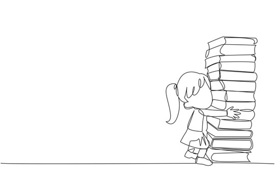 Continuous one line drawing girl hugging very high pile of books. Hobby to collecting and reading books. Filling free time with useful things. Loving read. Single line draw design vector illustration