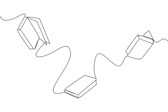 Single continuous line drawing books floating in space. Scientists explain that floating is caused by the loss of the earth's gravitational effect. Book festival. One line design vector illustration