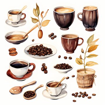 Variety of coffee cups, beans, and leaves. Different styles and sizes. Fresh brew, spoons, and a plant. Warm and inviting.