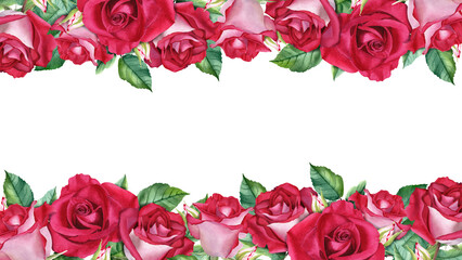 Banner border frame with red rose blooms buds and leaves. Watercolor Illustration for cards invitation