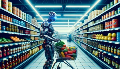 Robot buying groceries at supermarket, ai background, artificial intelligence concept - obrazy, fototapety, plakaty