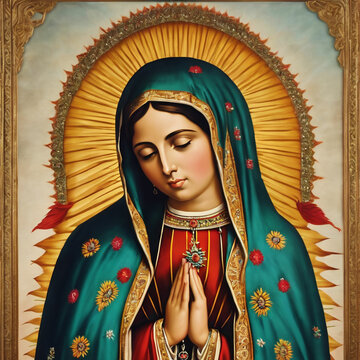 beautiful lady of Guadalupe Mexico saint holy faith illustration vintage silkscreen