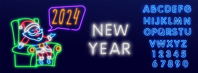 2024 neon labels collection. Happy New Year banners on brick wall. Comics explosion frame. Glowing signboard.