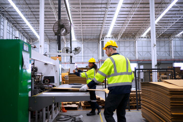 Blue collar worker and cardboard package factory.