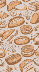 Hand drawn bakery seamless pattern. Vertical border with food doodles. Vector illustration. background with bread, pattern with bread. Coffee, foof background