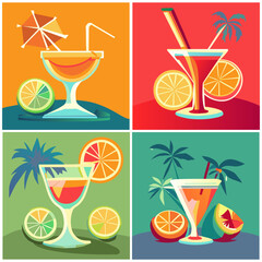 A set of citrus lemonades with mint and oranges in 4 colors in a frame. Refreshing citrus drinks highlighted on a multicolored background. Vector flat image in blue and orange tones. Relaxing on the