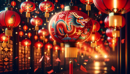 Happy Chinese new year, traditional Chinese red lanterns with dragons background, festive banner