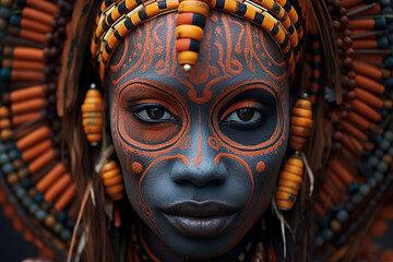 Headshot portrait of beautiful African American woman with traditional ancient face paint design and jewelry looking at camera - obrazy, fototapety, plakaty