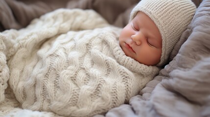 Serene newborn wrapped in soft pink knit blanket with matching hat