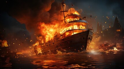 Large cargo merchant ship burns with open flame at sea, fire on a cargo ship - obrazy, fototapety, plakaty