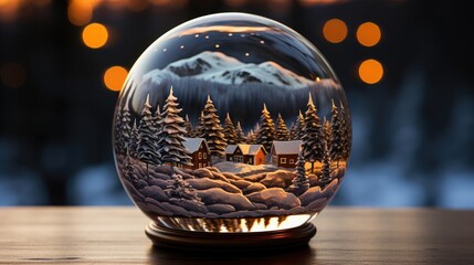 Christmas winter new year holiday glass ball with snow covered fir forest