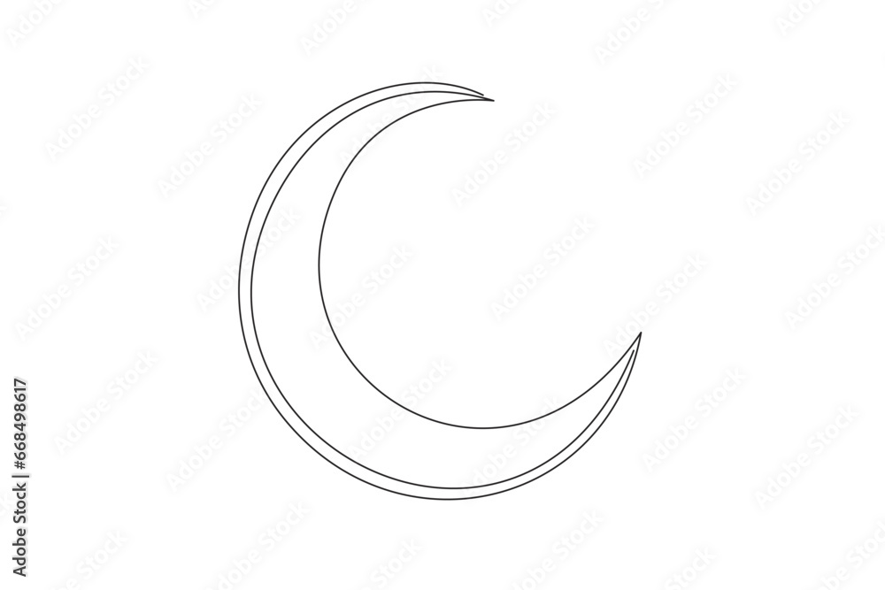 Poster single continuous line drawing the crescent moon is clearly visible and shining. has the meaning of 