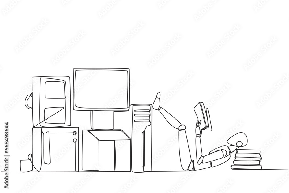 Poster single continuous line drawing robot lying on back reading book. read guidebooks to assemble systems