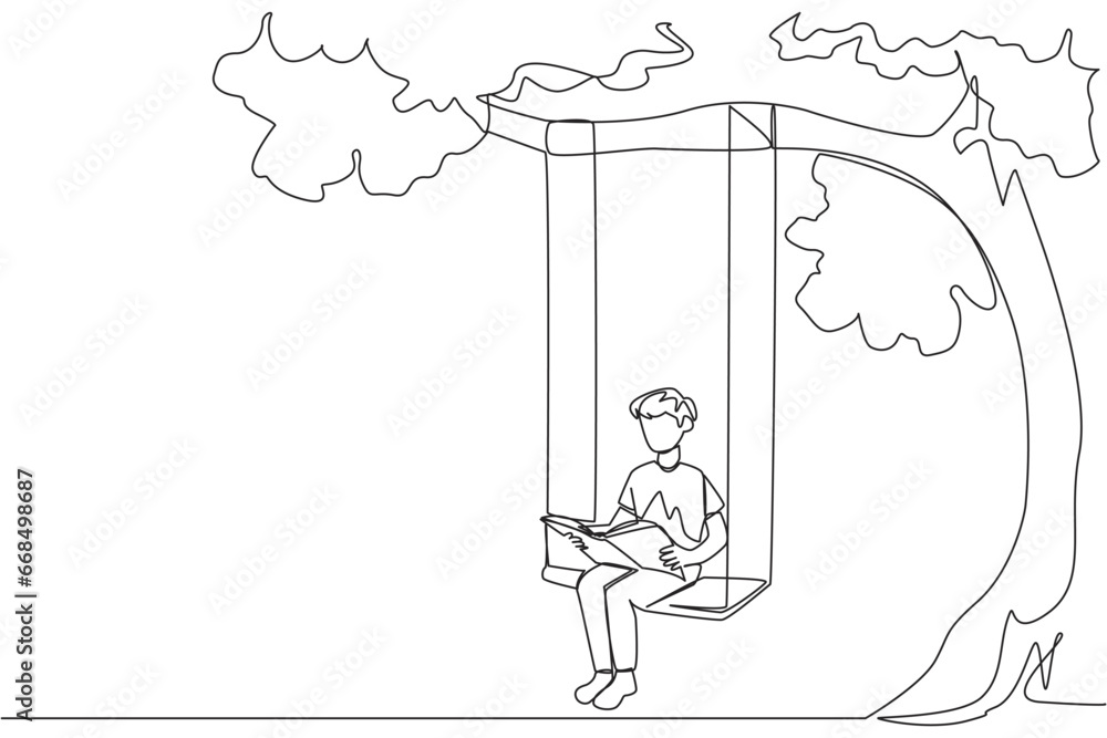 Poster continuous one line drawing man sitting on a swing under a shady tree reading a book. high enthusias