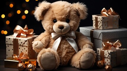 Cute plush toy soft bear and boxes with gifts for Christmas and New Year