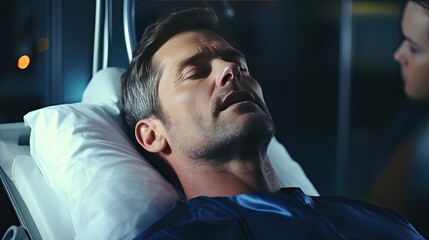 Seriously ill man clinic patient lies on bed in hospital, concept healthcare treatment and first aid to people in treating illnesses