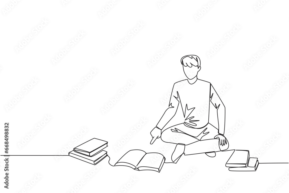 Poster single continuous line drawing man reading the books happily. good reading interest. really enjoy re