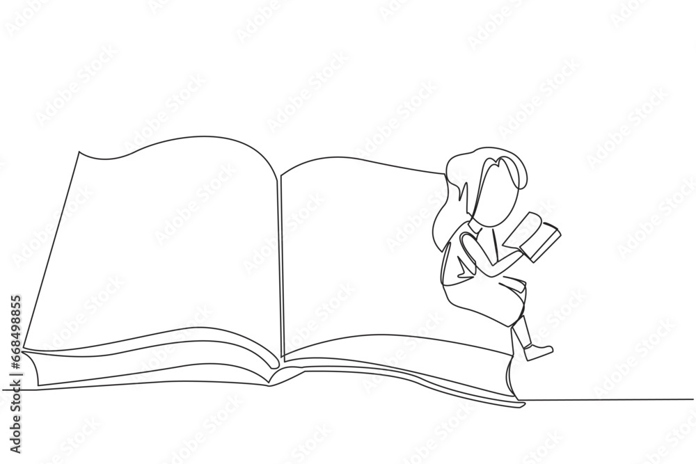 Poster single continuous line drawing serious girl sitting on the edge of a large open book. study before e