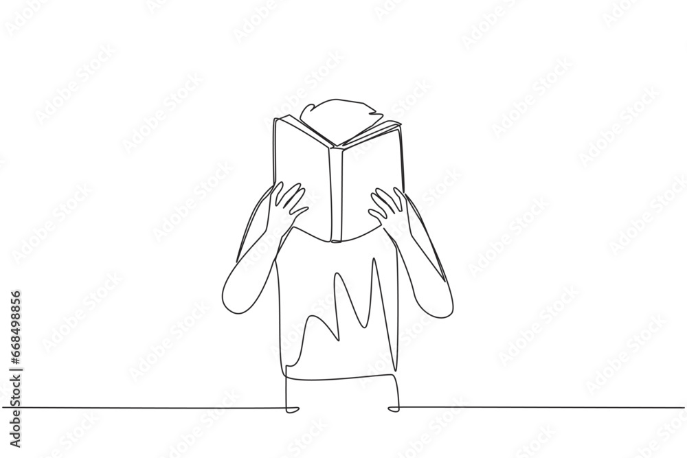 Poster continuous one line drawing man seriously reading a book until cover the face. nervous when facing t