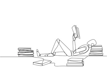 Single one line drawing smart robot lying down reading a book. Lots of books scattered around. Hobby reading. Technology book festival concept. Future AI. Continuous line design graphic illustration © Simple Line