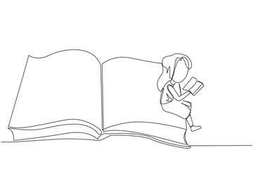 Single continuous line drawing serious girl sitting on the edge of a large open book. Study before exam time arrives. Read textbooks with focus. Reading is fun. One line design vector illustration