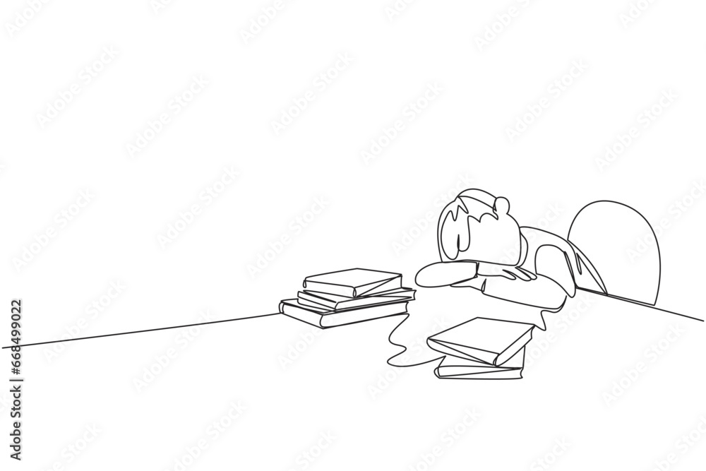 Poster continuous one line drawing man asleep at the table where there were piles of books. tired after suc