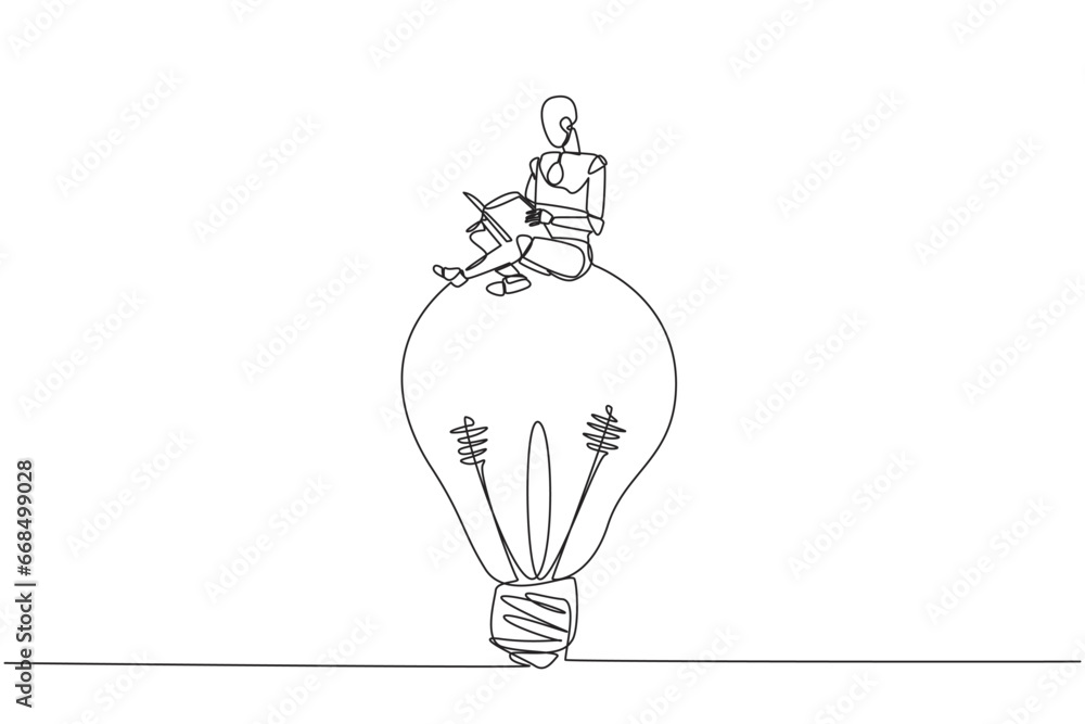 Aufkleber single continuous line drawing robot sitting on big lightbulb. read with focus and serious. metaphor