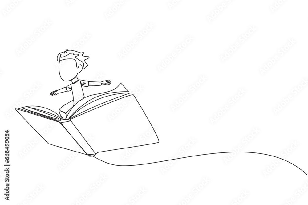 Poster single continuous line drawing boy standing on a large flying open book. like riding a cloud, able t