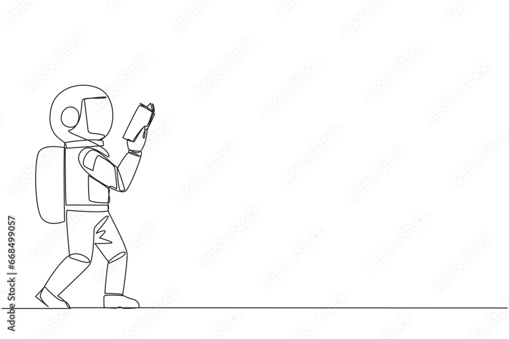 Poster single one line drawing astronaut walking reading the book. gesture of memorizing something from a b