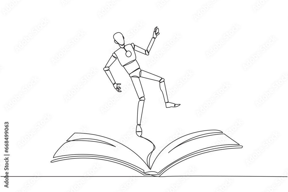 Poster continuous one line drawing robot hovering over an open book. imagination to be robot astronaut floa