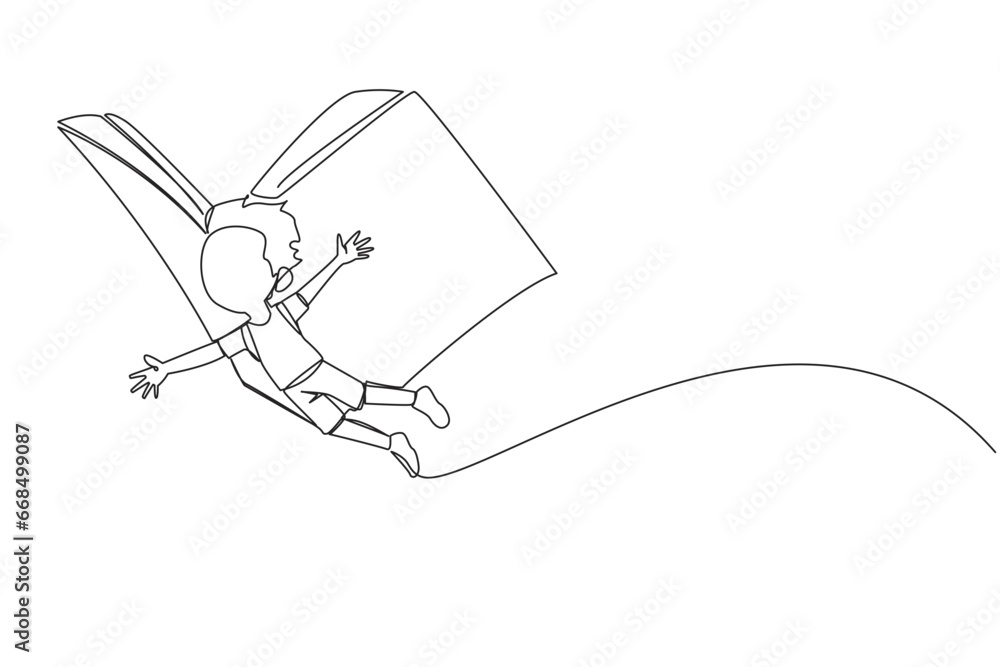 Aufkleber continuous one line drawing boy flying with wings that come from an open big book. the metaphor carr