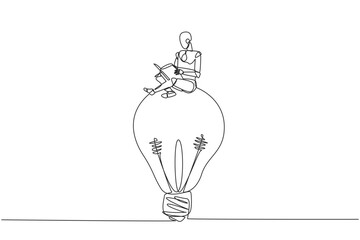 Single continuous line drawing robot sitting on big lightbulb. Read with focus and serious. Metaphor looking for brilliant idea from scientific book. Book festival. One line design vector illustration