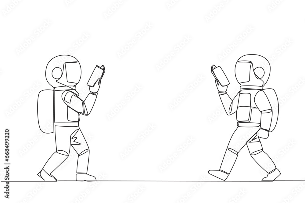 Poster single continuous line drawing two astronauts walking face to face reading books. gesture of memoriz