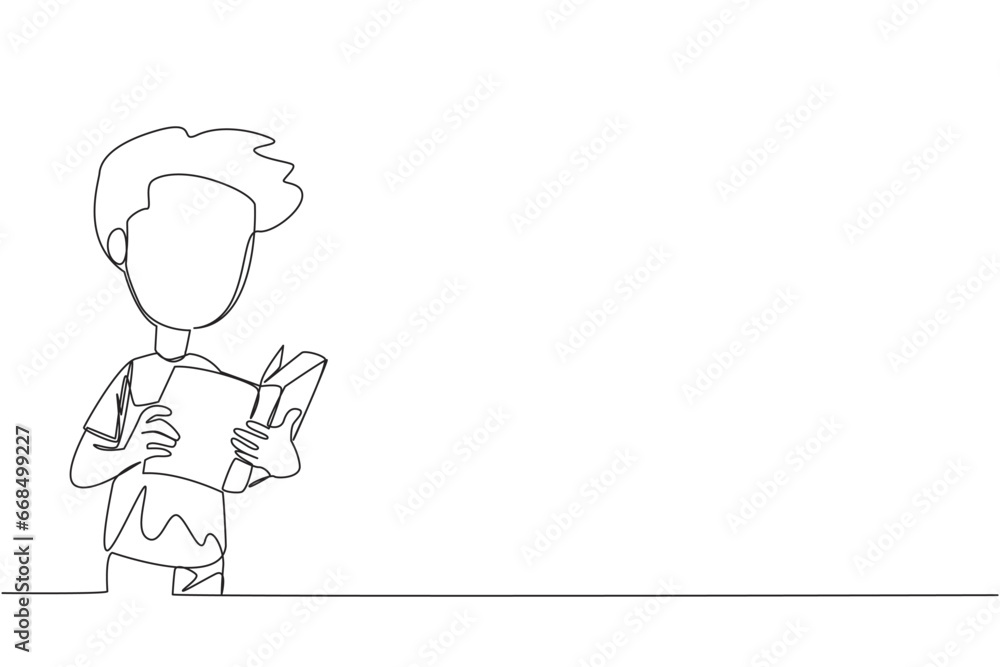 Poster single one line drawing boy focused on reading. try to find answers to the tasks given. seek more kn