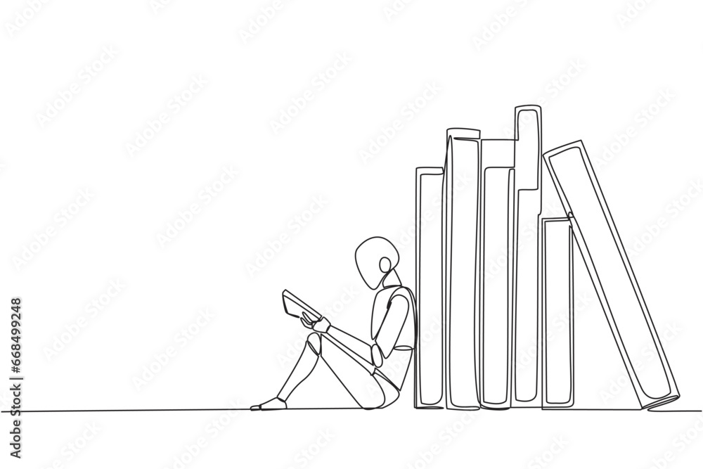 Poster single continuous line drawing robot reading sitting leaning against pile of books. habit of reading